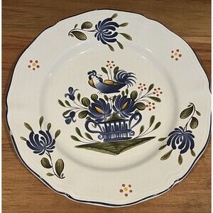 Vintage Rooster Plate French Farmhouse Blue Luneville Chanteclerc Chop Floral 8”